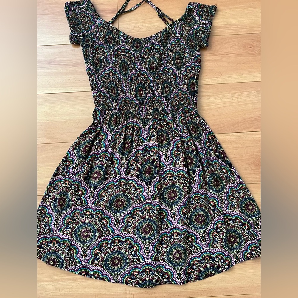 Cynthia Rowley Smocked Bodice Mandala Print Multicolor Dress, Off Shoulder, Sz 4